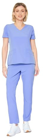 Dagacci Medical Uniform Women's Fitted 4-Way Stretch Y Neck Natural Stretch Scrub Set, Ceil Blue, XS