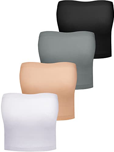 Bencailor 4 Stück Damen Nahtlose Bandeau BHS Dehnbare Ungepolsterte Trägerlose Bralette BHS (as3, Alpha, m, Regular, Regular, Schwarz, Hautfarbe, Weiß, Grau)