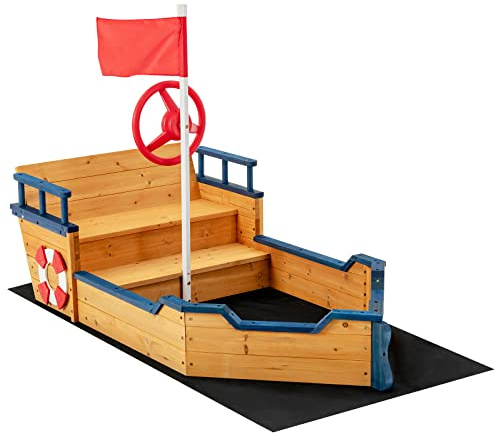 COSTWAY Wooden Kids Sandpit, Pirate Ship Sand Boat with Storage Bench Seat, Steering Wheel and Bottom Liner, Outdoor Sandbox for Children Backyard, Lawn, Beach