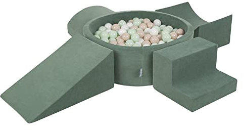 KiddyMoon Spielplatz Velvet Aus Schaumstoff Mit Samt Rund Bällebad (200 Bälle) + Version 5 Ballgruben Für Babys Spielbad, Hergestellt In EU, Waldgrün: Pastellbeige/Weiß/Minze