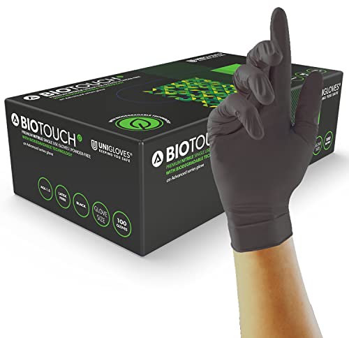 Unigloves Biotouch GM0093 Guanti Monouso Biodegradabili in Nitrile - Multiuso – Senza Lattice né Polvere - Guanti Adatti per Ambiti Medici – Touchscreen - Neri - Taglia M (100 Guanti)