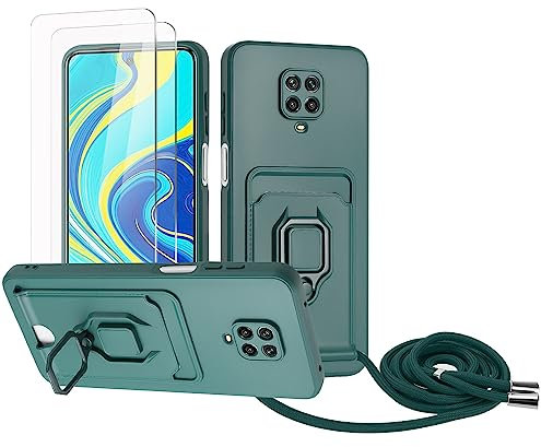 Zallagre Funda con Cuerda Compatible con Redmi Note 9 Pro/Note 9S,[2 Packs Cristal Templado],Ranura para Tarjetas,Cubierta de Cámara Deslizante Proteger,360 Anillo Soporte-Verde Oscuro