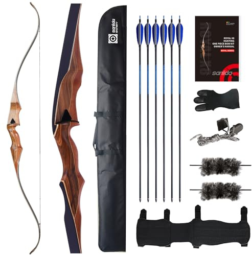 Sanlida Archery 60 Royal X8 One-Piece Bow Traditional Wooden Hunting Bow Handmade Hunting Bow and Arrows Kit for Adults & Traditional Archers, RH Only (45lbs, Dark Wood)