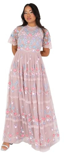 Maya Deluxe Abito Maxi da Donna, a Maniche Corte, Scollo Rotondo, con Motivo Floreale, in Tulle, Linea A, per spose e Matrimoni NAN, Rosa Satinato, 44