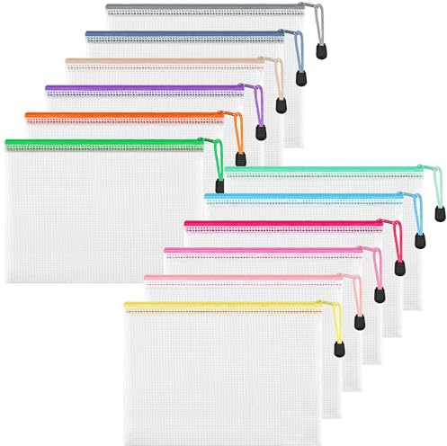 HEETA A5 Zip Wallets,12Pack Waterproof Plastic Zip Folders with Secure Zippers Multipurpose for Travel, School, Board Game, Puzzles, Office, and Home Organize, 12 Colors