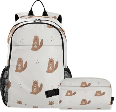 Kcldeci Rucksack für Grundschule, Kinder, Rucksack mit Lunchbox, lustiger Biber mit einer Tasse Tee, Büchertaschen für Jungen und Mädchen, mehrfarbig, Einheitsgröße