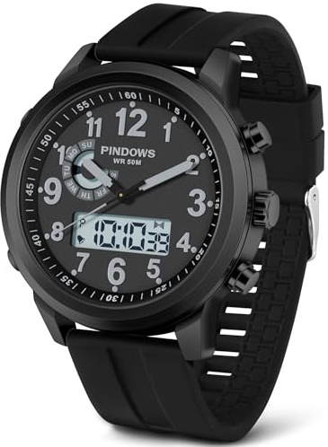 PINIDOUS Montres pour Hommes Numérique Sport Outdoor Militaire Multifonctionnelle Montre Quartz Analogique étanche Acier Inoxydable Mode Classique Montre-Bracelet (Noir)