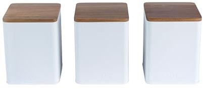 Salter BW12898WEU7 Toronto 3-Piece Canister Set – Tea, Coffee, Sugar Storage Canisters, Powder-Coated Matt Finish, Acacia Wood Lids, Easy Clean, Space Saving Jars, Long Lasting Freshness, White