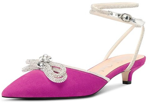 NobleOnly Mujer Diamante Nudo Arco Pumps Gatito Heel Cerrado el Dedo del pie Puntiaguada Punta Correa Tobillo Pumps de Boda Dress Zapatos 3.5 CM Heels Fucsia 40 EU