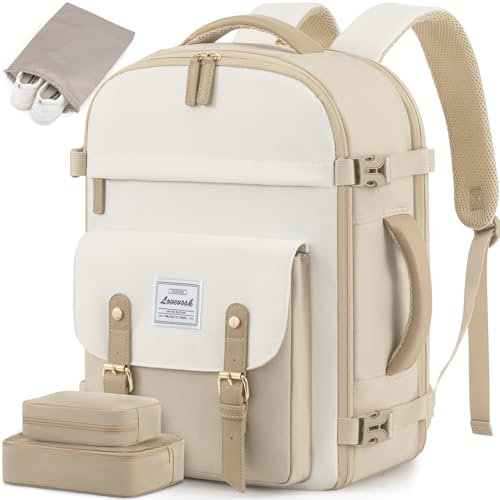 LOVEVOOK Reiserucksack Damen, Handgepäck Rucksack Flugzeug 45x36x20, Wasserdichter Uni Laptop Schulrucksack groß, Travel Backpack Women Kofferrucksack für Reise Schule Studenten Pendeln Weekend, Beige