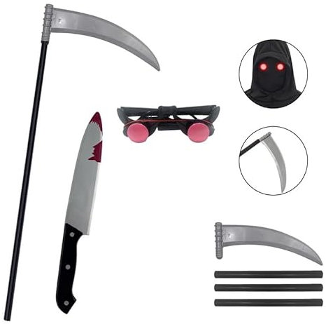 ELINA Accessoires Armes de Costume de Cosplay de Carnaval d'halloween de Faucheuse Fantôme Scream avec Faux de la Mort,des Lunettes Lumineuses et Un Jouet Couteau