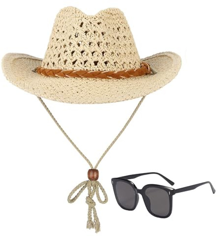 SLAXJNE 1 ihålig cowboyhatt, 1 par solglasögon, retro cowboyhatt, justerbar cowboyhatt, stor brätte solhatt, fiske och camping