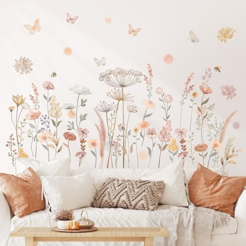 DECOWALL SG2-2421 Adesivi murali ad acquerello Fiori Boho Decorazioni per la casa Fiori di campo Floreale Dente leone Piante di erba Asilo nido per ragazze Camera dei bambini Soggiorno Ape Bohémien