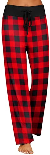 Ekouaer Pantalones Pajama Mujer Plaid Pantalones de Pijama Largo Suave Pantalon de Pierna Ancha Lounge Inicio Pantalones con Cordón Rojo Negro