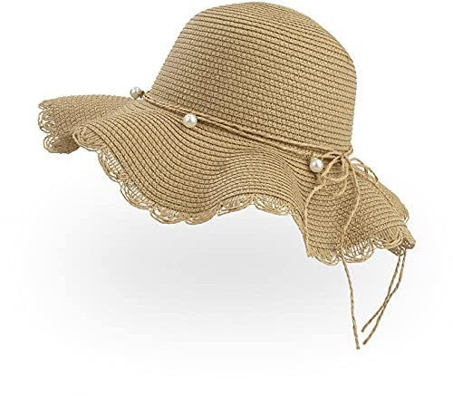 Jesustree Strohhut Damen Frauen Faltbarer Sonnenhut, Sommer Atmungsaktiv Floppy-Strandhut mit Breiter Krempe und schöner Perlen, UV Schutz UPF 50 für Wandern Reise Urlaub (Khaki)