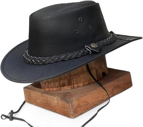Men's Real Leather Cowboy Hat Outback Hat Black Unisex Australian Western Style (UK, Alpha, L, Black)