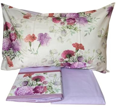 Fazzini Komplett dubbelsängslakan i ren satin 300TC bomull med sidenfinish och drömkonst. sommar (rosa)