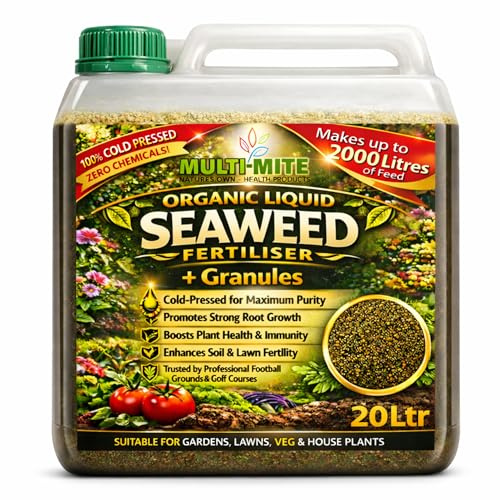 Multi-Mite 20 Ltr Liquid Seaweed + Granules - ORGANIC Concentrate Plant Fertiliser Tomato, Trees Lawn Veg and House Plants Root or Foliar Feed (20 Litres WITH GRANULES)