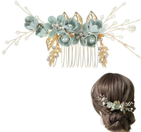QEQSHQO Peigne Cheveux Mariage Vert - Bijou de Cheveux avec Fleurs et Cristaux - Élégant Accessoire pour Mariées et Occasions Spéciales
