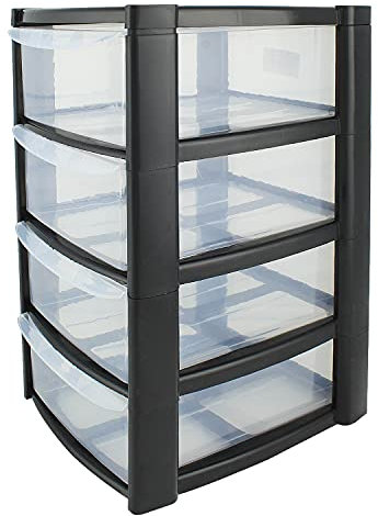 Mini 4 Drawer Plastic Storage Tower - Compact Desktop Organiser with Clear Drawers for Makeup, Toiletries, Stationery - Lightweight & Durable Storage Tower - Pink, Blue or Black, 40x26x19cm (Black)