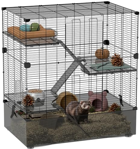 PawHut Jaula para Animales Pequeños de 4 Niveles Jaula para Roedores con Bandeja Profunda Rampas Plataformas Comedero y Bebedero Recinto para Chinchillas Hurones Hámster 73x47x80 cm Negro