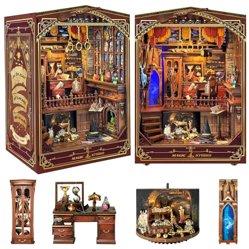 BookTop Book Nook Kit, DIY Miniature House Kit Magic Studio 3D Wooden Puzzle with LED Lights and Dust Cover, Book Nook Kits for Adults-Bookshelf, the Best Crafts for Family and Friends