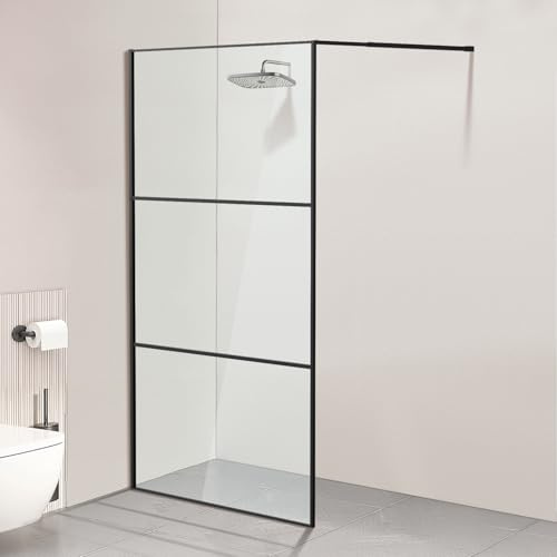 Jaxguom Walk-In Duschvägg 120×200 cm Svart, 5 mm ESG-säkerhetsglas med aluminiumfullram, 0–10 mm justeringsområde, vänster/högermonterad duschavskiljare