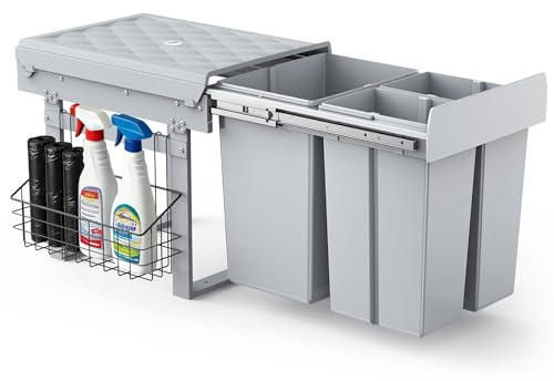 lovewind Dreikammer-Abfalleimer, 20L+2x10L, Mülleimer küche, Mülltrennsystem für Unterschrank，Stahlrahmen, ABS-Deckel Mülltrennung als Vollauszug mit Teleskopschienen, Dunkelgrau