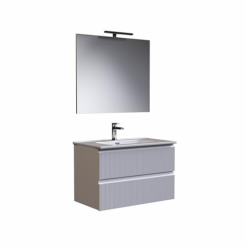 Mobile bagno EOS 80cm Doppio Cassetto Cannettato con lavabo, specchio e lampada BIANCO OPACO – MaMa Store