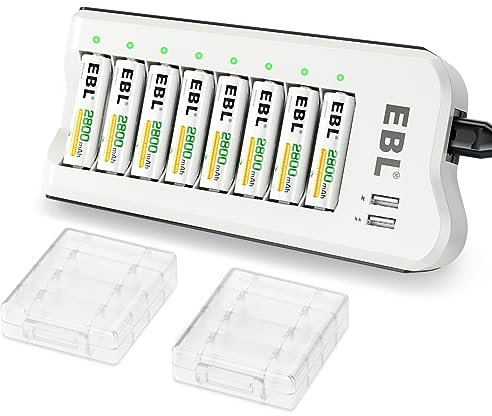EBL Upgraded 8 Bays AA AAA Battery Charger with USB Ports and 8 Counts 2800mAh AA Batteries, Rechargeable Batteries and Charger Set