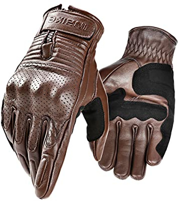 INBIKE Gants Moto Rétro Homologué CE 100% Cuir pour Homme à Écran Tactile Plein Doigts Respirant Antichoc Antidérapant pour la Course de Moto VTT Velo de Route Marron L