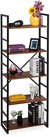 Relaxdays Bücherregal mit 5 Ebenen, Industrial, braun/schwarz | HxBxT: 158,5 x 60 x 30 cm, MDF & Metall, Büro Ordnerregal