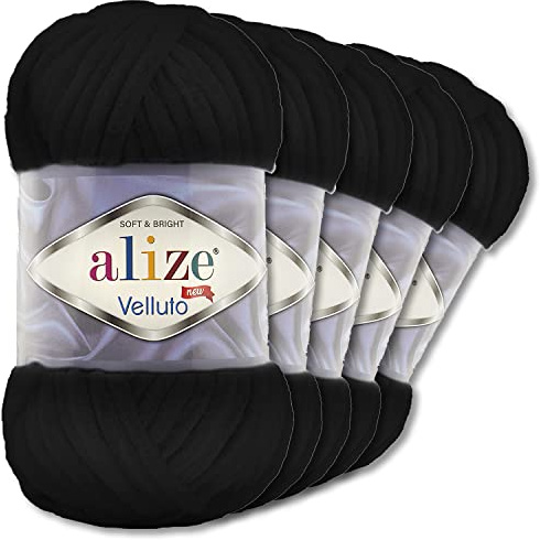 Wohnkult Alize 5x100 g Velluto Premium Wolle 30 Auswahl Chenillegarn Samtwolle Amigurumi Decken Accessore Kleidung DIY (60 | Schwarz)
