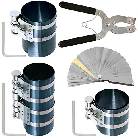 Keadic 8 Pcs 3 4 6 Piston Ring Compressor with Adjustable Piston Ring Installer Removal Pliers and Stainless Steel Feeler Gauge and Wrench for Car Engine