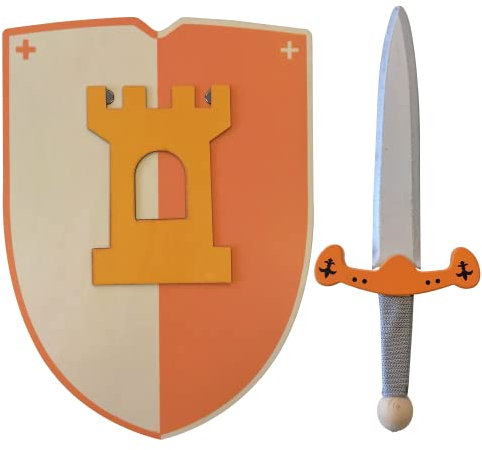 Espada y Escudo de Caballero de Madera Artesanales - Juguete para Niños y Niñas - Complemento para Juegos, Juegos Imitación, Disfraz, Medieval, Guerrero, Fiesta Temática, Edad Media (30 cm, Naranja)