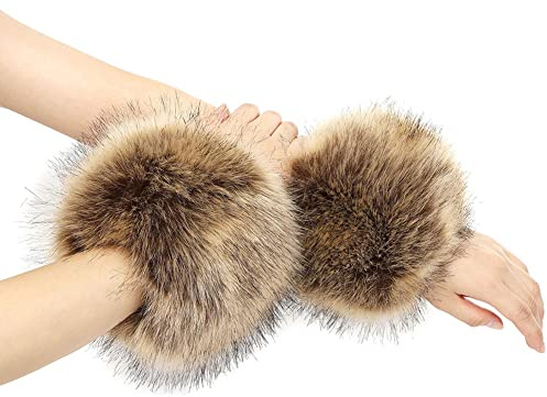 JAWSEU Guanteletes de Piel Puños de Piel Calentadores de muñeca Calentadores de Brazo de Piel de Zorro de imitación, Mangas de Calentador de Brazo de Invierno Suave para Mujeres