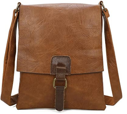 OBC Damen Tasche Crossbody Handtasche Messenger Schultertasche Umhängetasche Shopper Tablettasche bis ca. 7-8 Zoll Henkeltasche Überschlagtasche Leder Optik Cognac