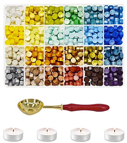 Tarocat 600 Piezas Perlas de Cera de Sellado Octágono, Kit de Lacre de Sellado con 1 Cucharas de Fusión y 4 Velas de Té, Cuentas de Sello para Sello de Cera Vintage,Sellado de Letras (24 Color)-J