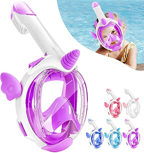 KLERICER Kids Snorkel Mask, Full Face Snorkel Mask 180° Panoramic View, Dry Top Snorkeling Gear for Kids, Anti Fog Anti Leak Diving Mask with Double Air Flows Way, for Aged 4-15 Years Kids (Purple)