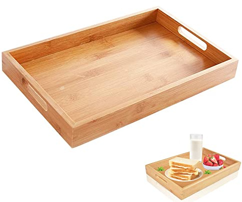 Vassoio in Legno con Manici, Vassoio Legno, Vassoioes Grande in Legnoes, Vassoioes Rettangolare da Portata, Vassoios in Legnos da Cucina, per Pane, Frutta, Caffè, Snack, Pasto (40 x 29 x 4,3cm)