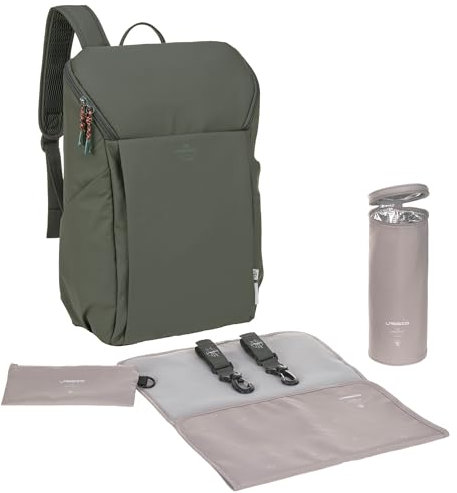 LÄSSIG Baby Wickelrucksack mit Wickelunterlage, Kinderwagenbefestigung und Flaschenhalter/GRE Slender Up Backpack olive