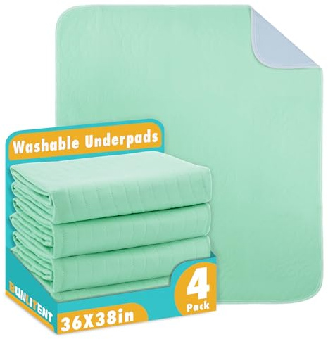 Bunlitent Washable Underpads, 36 x 38, 4 Pack, Green, Heavy Absorbency Reusable Bedwetting Incontinence Pads for Kids, Adults, Elderly, and Pets