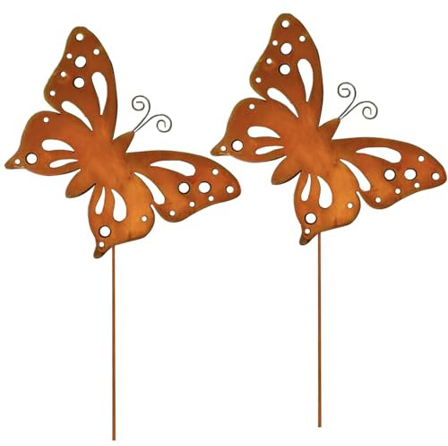 ALEMIN Lot de 2 papillons de jardin en métal rouillé - Décoration de jardin pour l'extérieur - Décoration de jardin pour jardin, terrasse, balcon