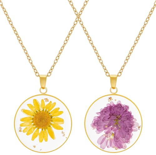 MWOOT 2 Pieces Pressed Flower Necklace, Birth month flower necklace, Handmade Necklace Jewelry for Women Girls, Daisy