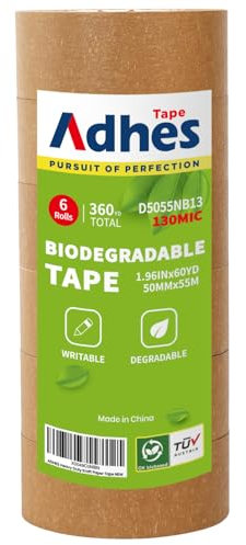 ADHES Nastro da imballaggio in carta kraft, nastro adesivo per pacchi, nastro da imballaggio in carta kraft, Nastro adesivo Ecologico in Carta marrone, riciclabile, marrone, 50 mm x 55 m, 6 rotoli