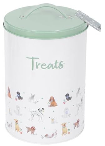 Stylish Grey/Green Pet Treat Storage Tin with Handle and Dog Print - approx 19cm x 13cm - keep treats fresher for longer