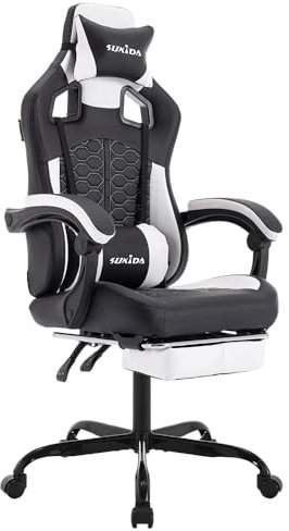 SUKIDA Gaming Stuhl, Ergonomischer Gaming-Stuhl mit Fußstütze, Racing Gaming Chair Kopfstütze Verstellbarer Computerstuhl Höhenverstellbar Lendenwirbelstütze für Homeoffice und Gaming Schwarz