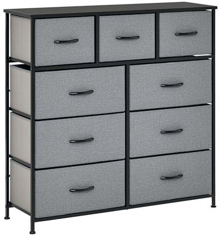 HOMCOM Cassettiera 9 Cassetti in Tessuto Pieghevoli, Comò per Camera da Letto, Soggiorno e Ingresso con Piano in Legno MDF e Piedini Regolabili, 84x30x92cm, Marrone Rustico