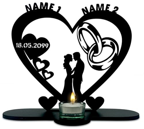 Teelichthalter Hochzeitsgeschenk Eheringe Liebesgeschenk personalisiert mit Namen und Datum Herz Individuelles Geschenk zur Hochzeit oder zum Jahrestag 7 Farben Tischdeko - Geldgeschenk