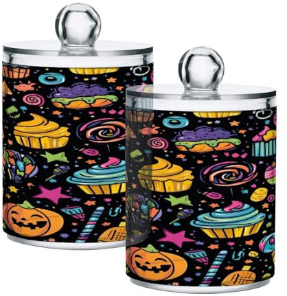 JUMBEAR Paquete de 2 soportes de algodón acrílico para tartas de caramelos de Halloween, frascos de boticario, bolas de algodón de plástico, soporte para bolas de hisopo de algodón, cajas de